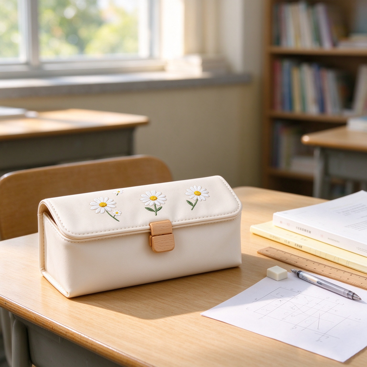 Cream Daisy Wood Clasp Pencil Case