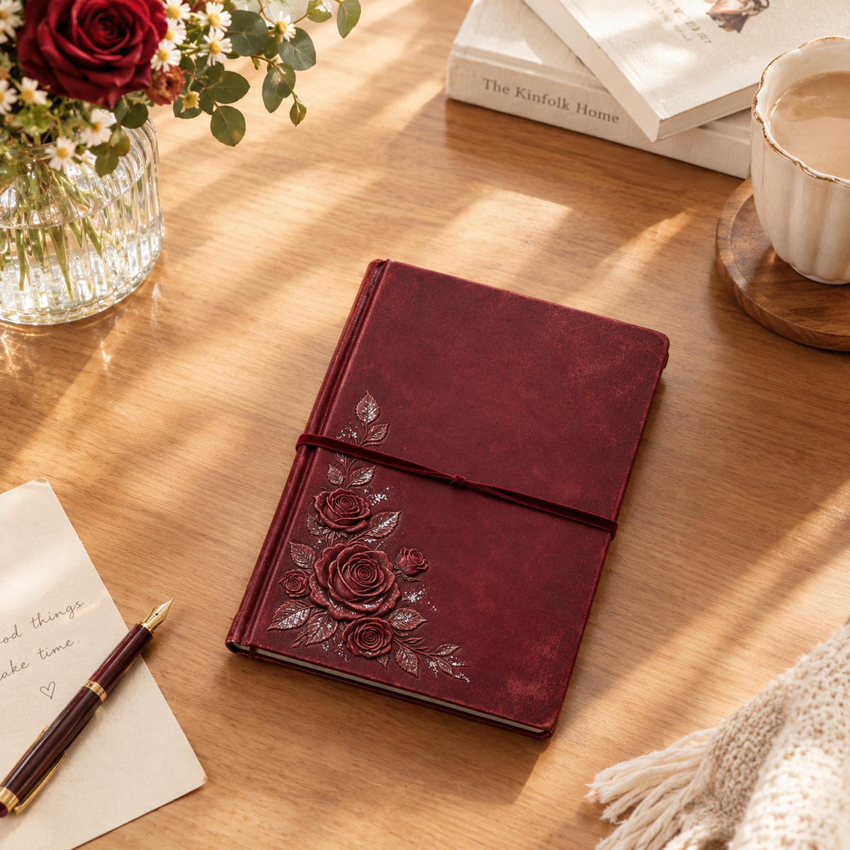 Wine Red Rose Embossed Notebook