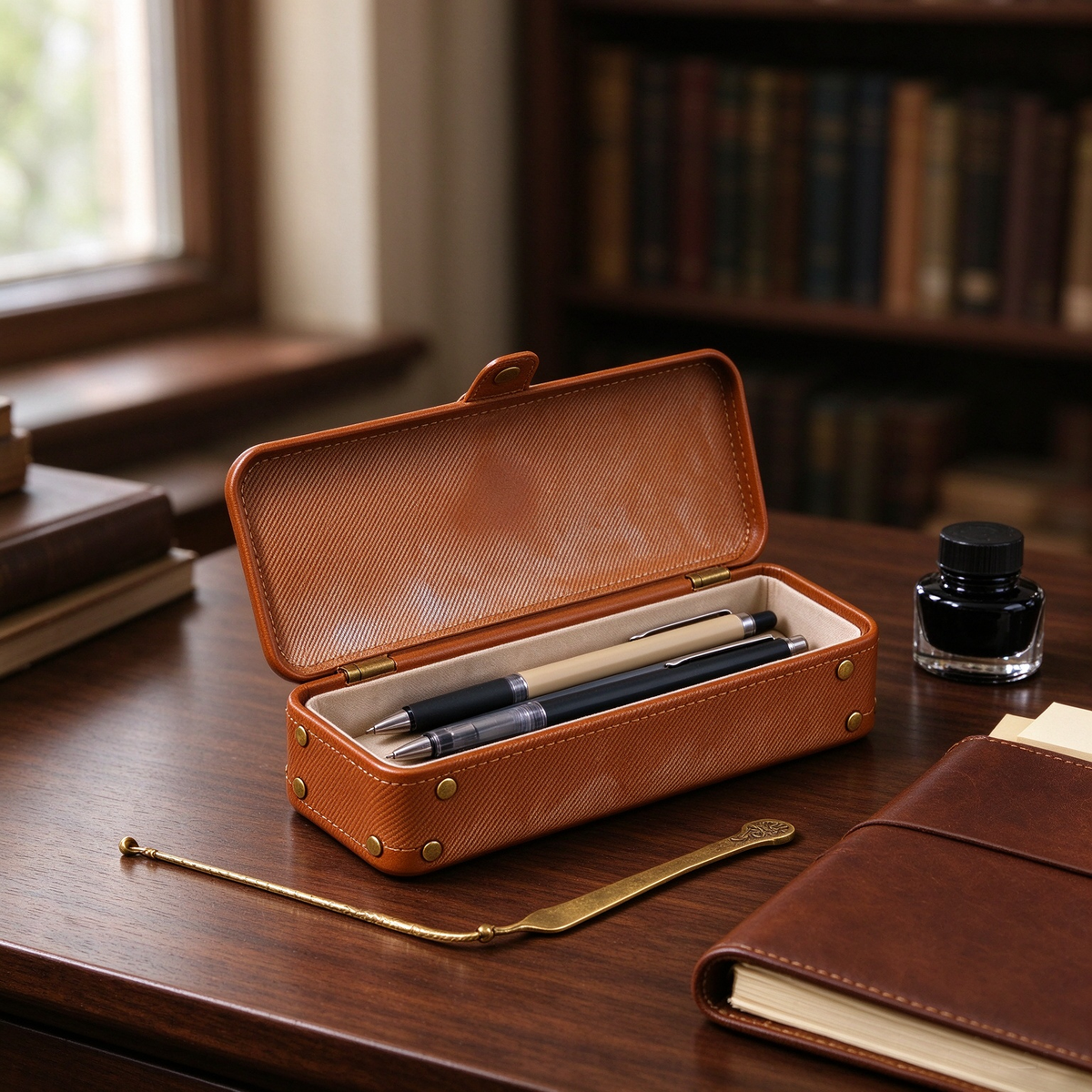 Brown Rivet Leather Pen Box