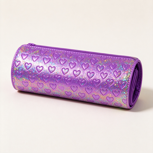 Purple Glitter Heart Pencil Case