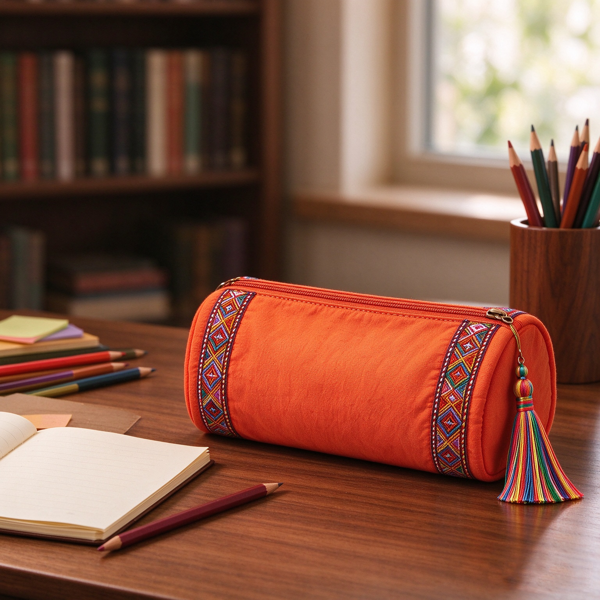 Orange Ethnic Tassel Pencil Case