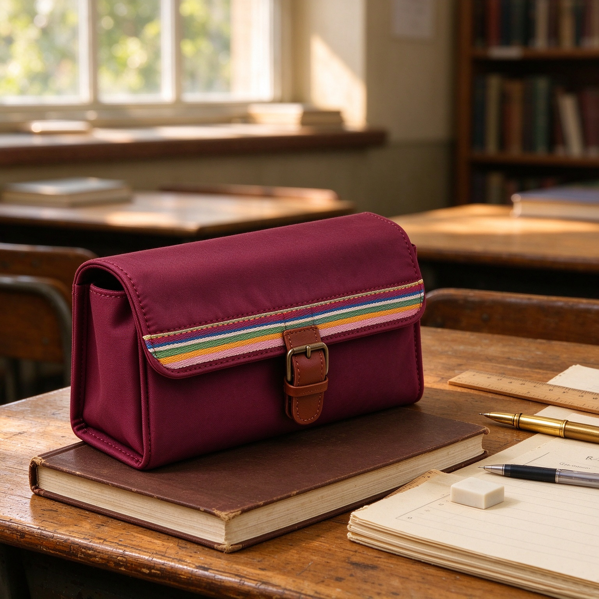 Wine Red Canvas Rainbow Pencil Case