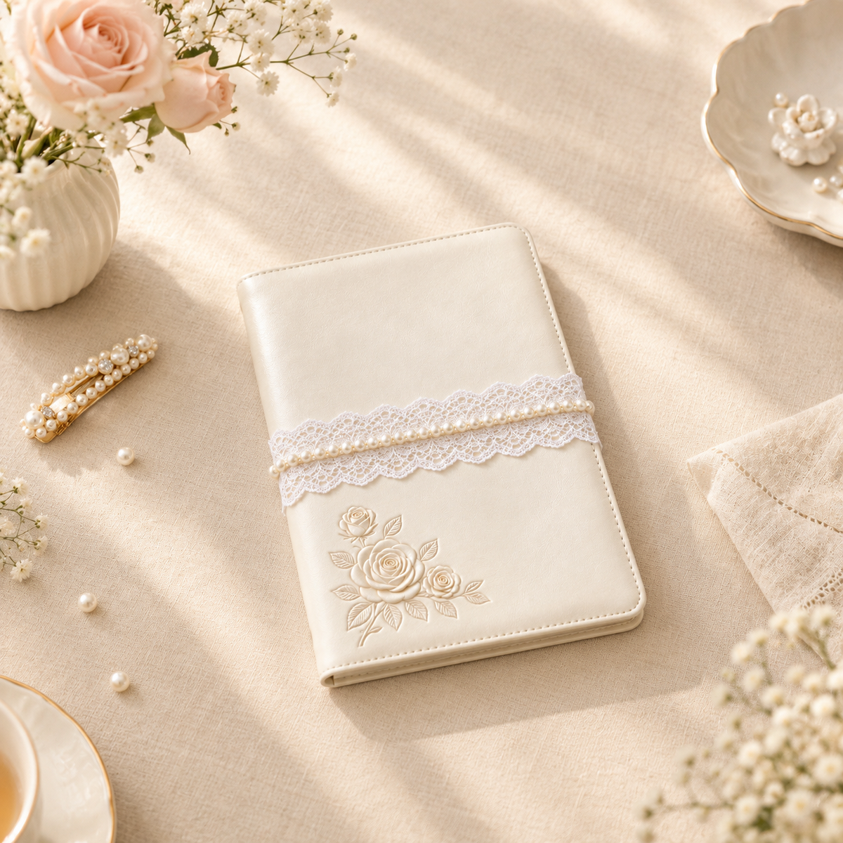 Cream Rose Lace Pearl Notebook