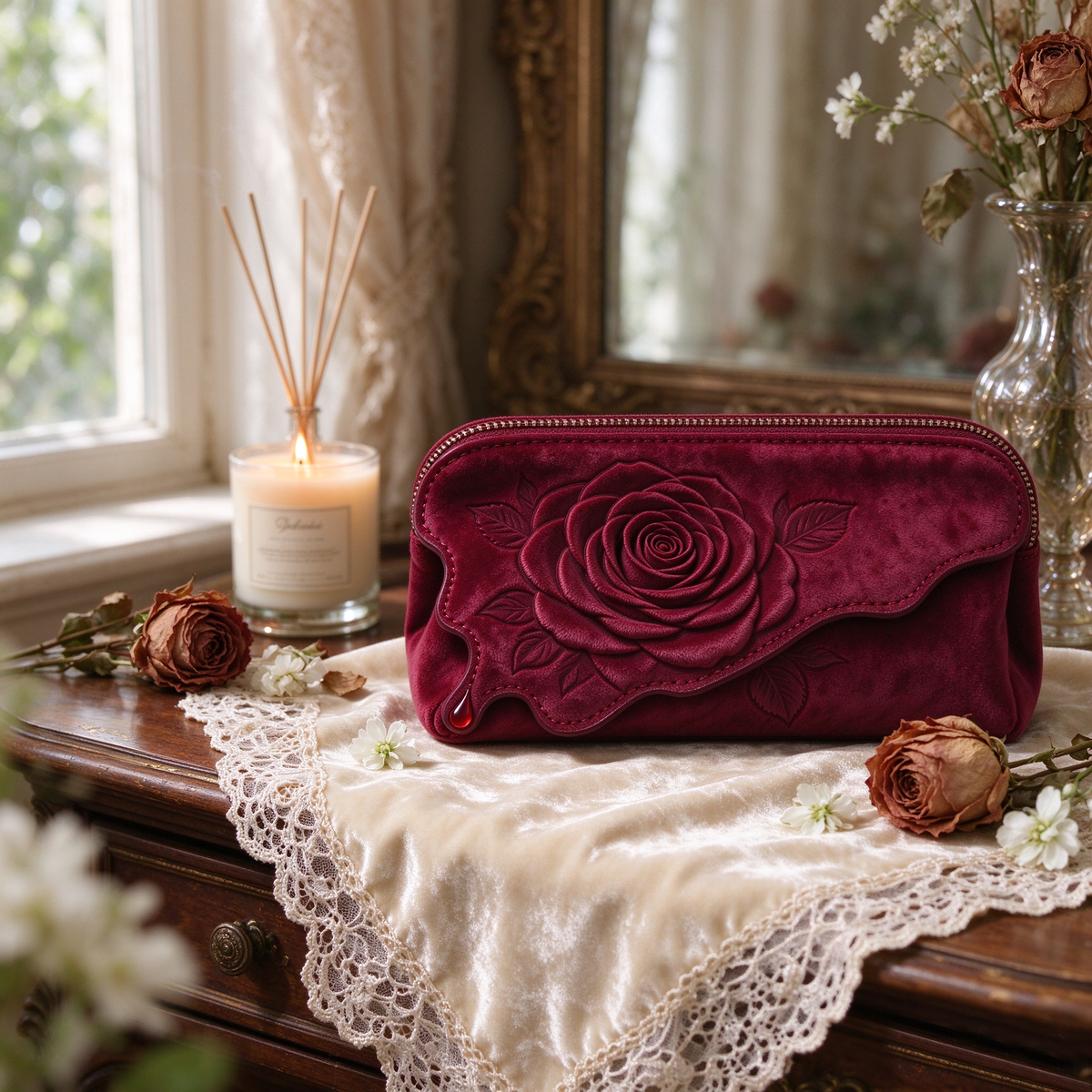 Wine Red Velvet Rose Makeup Case