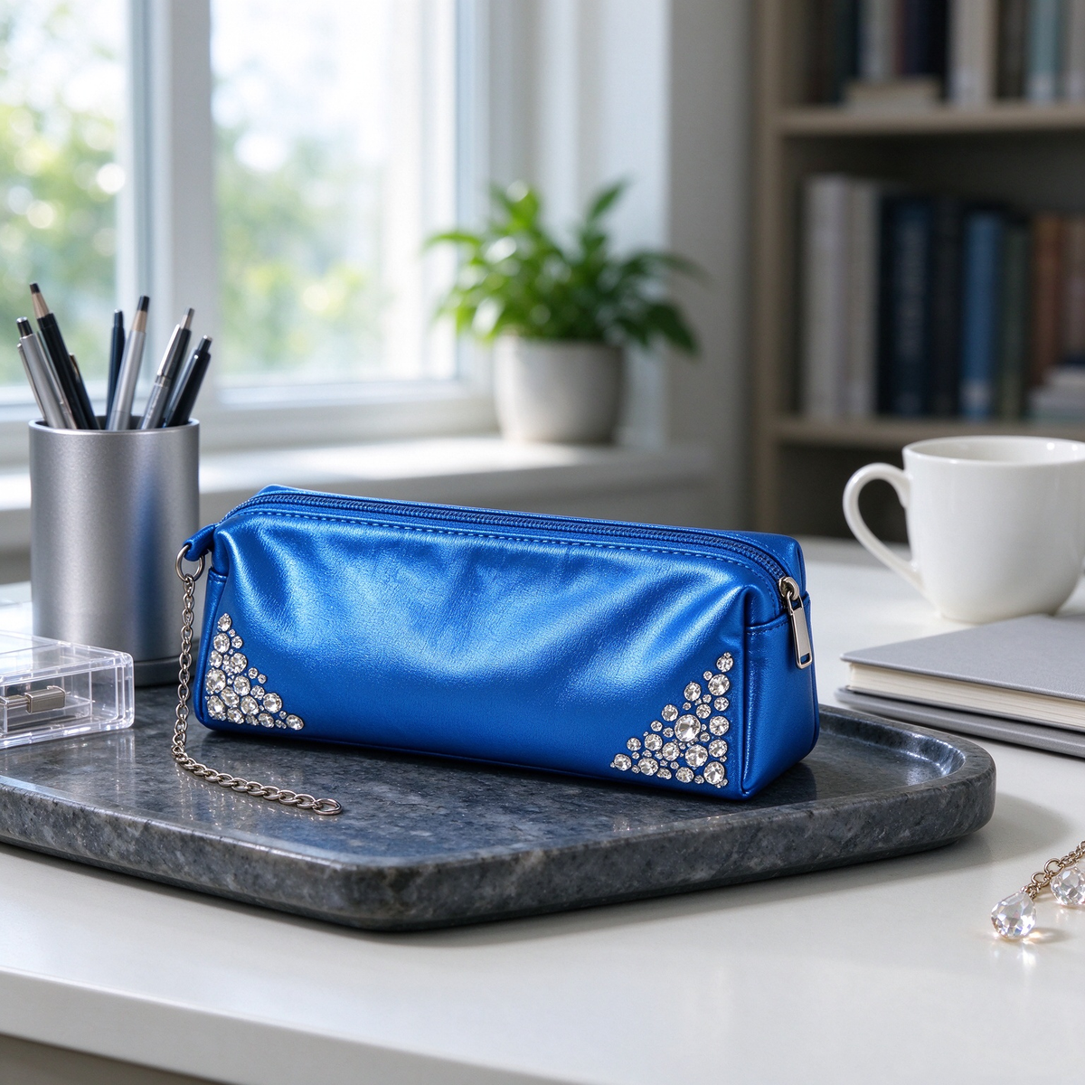 Royal Blue Rhinestone Chain Pencil Case