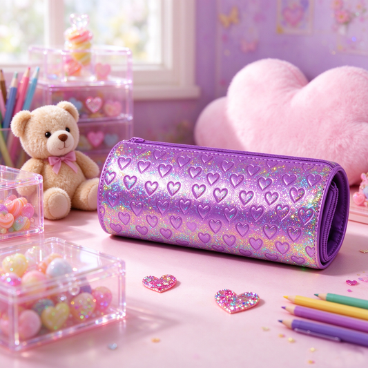 Purple Glitter Heart Pencil Case